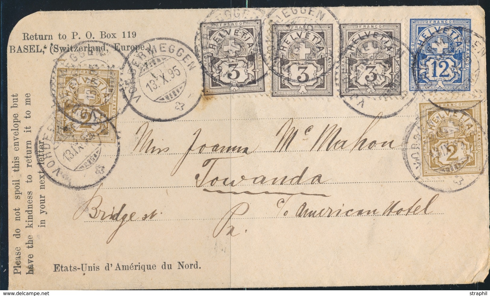 L N°58(x2), 59 (x3), 62 (N°63,64,68) - Obl. Càd Vordermeggen - 13/IX/95 - Pr Les USA - Verso CA Towanda - B/TB - 1843-1852 Timbres Cantonaux Et  Fédéraux