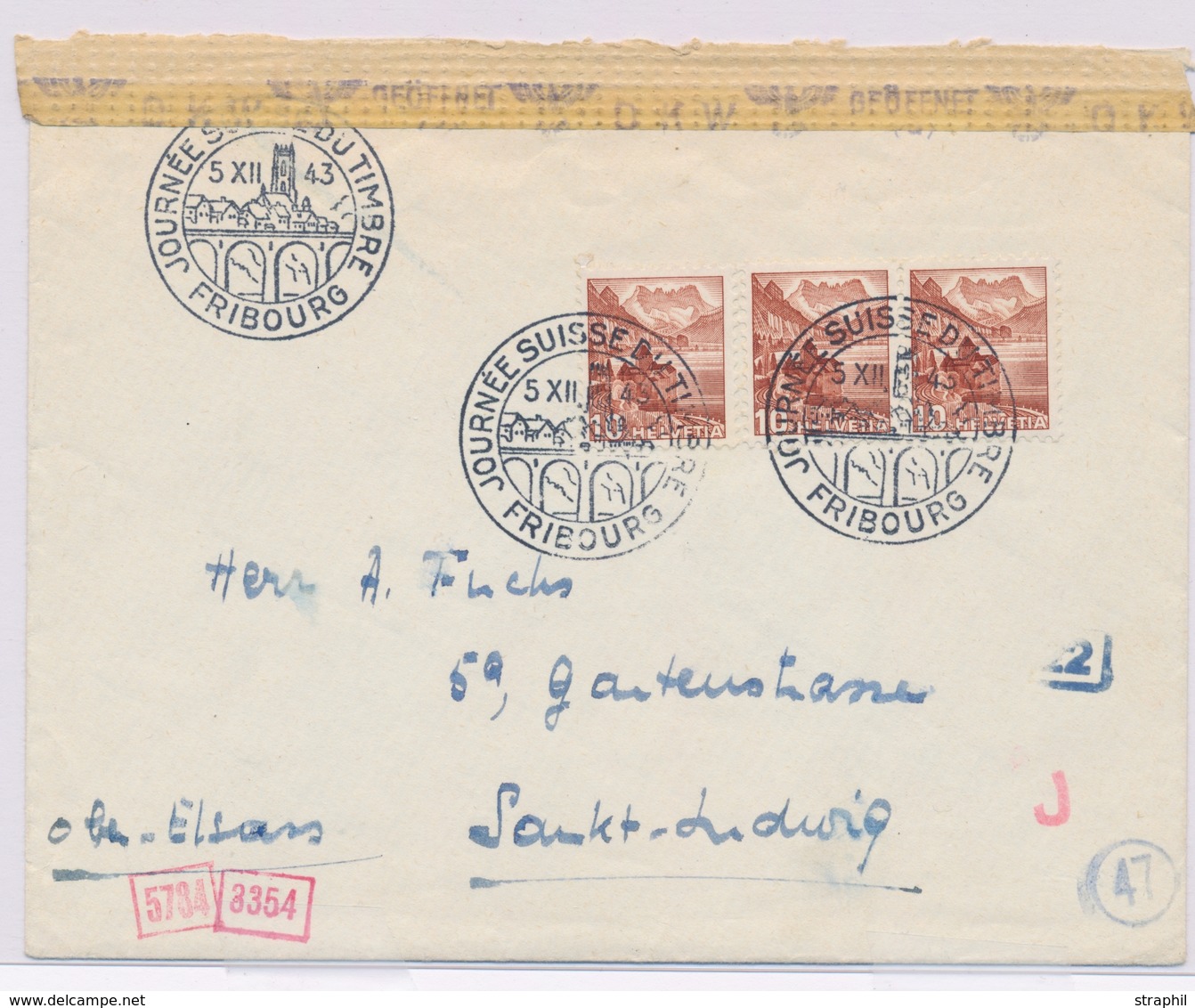 L N°387 (x3) - Obl. Càd Illus. Journée Suisse Du Timbre - Fribourg 5 XII 43 (rare) - S/Pli Censuré - TB - Used Stamps