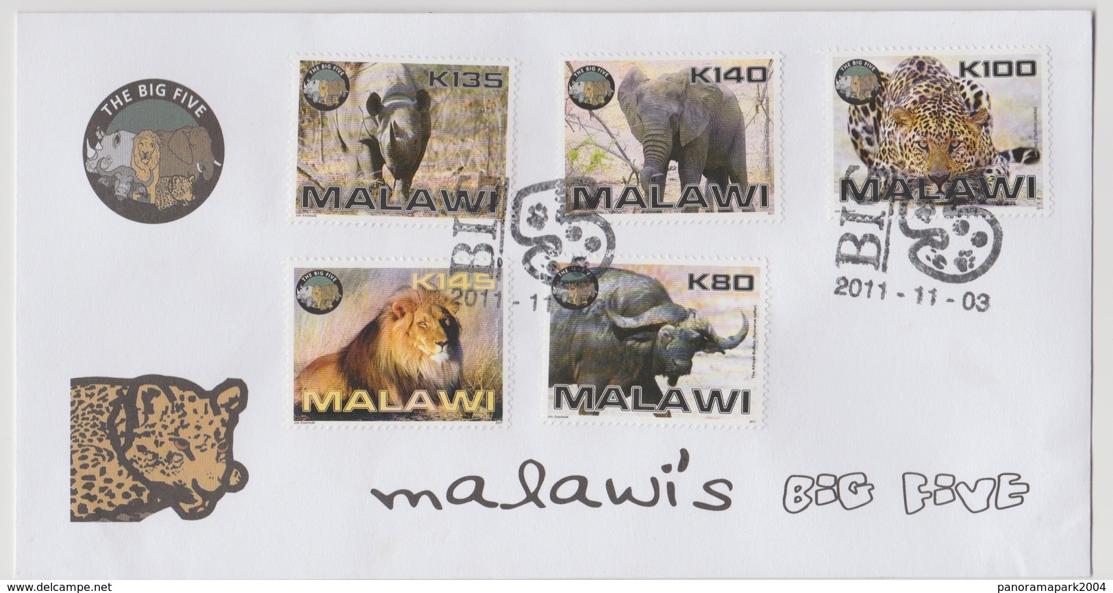 Malawi 2011 The Big Five Lion Panthere Elefant Elephant Rhinoceros Fauna Fauna Guepard FDC 1er Jour - Raubkatzen