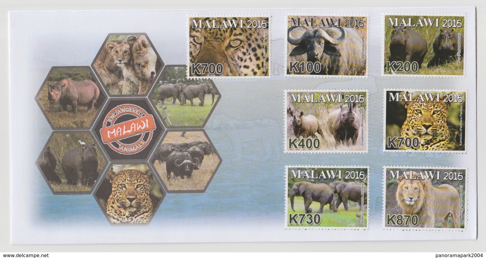 Malawi 2016 Endangered Animals Fauna Faune Lion Panther Elefant Elephant Rhinoceros FDC 1er Jour - Olifanten