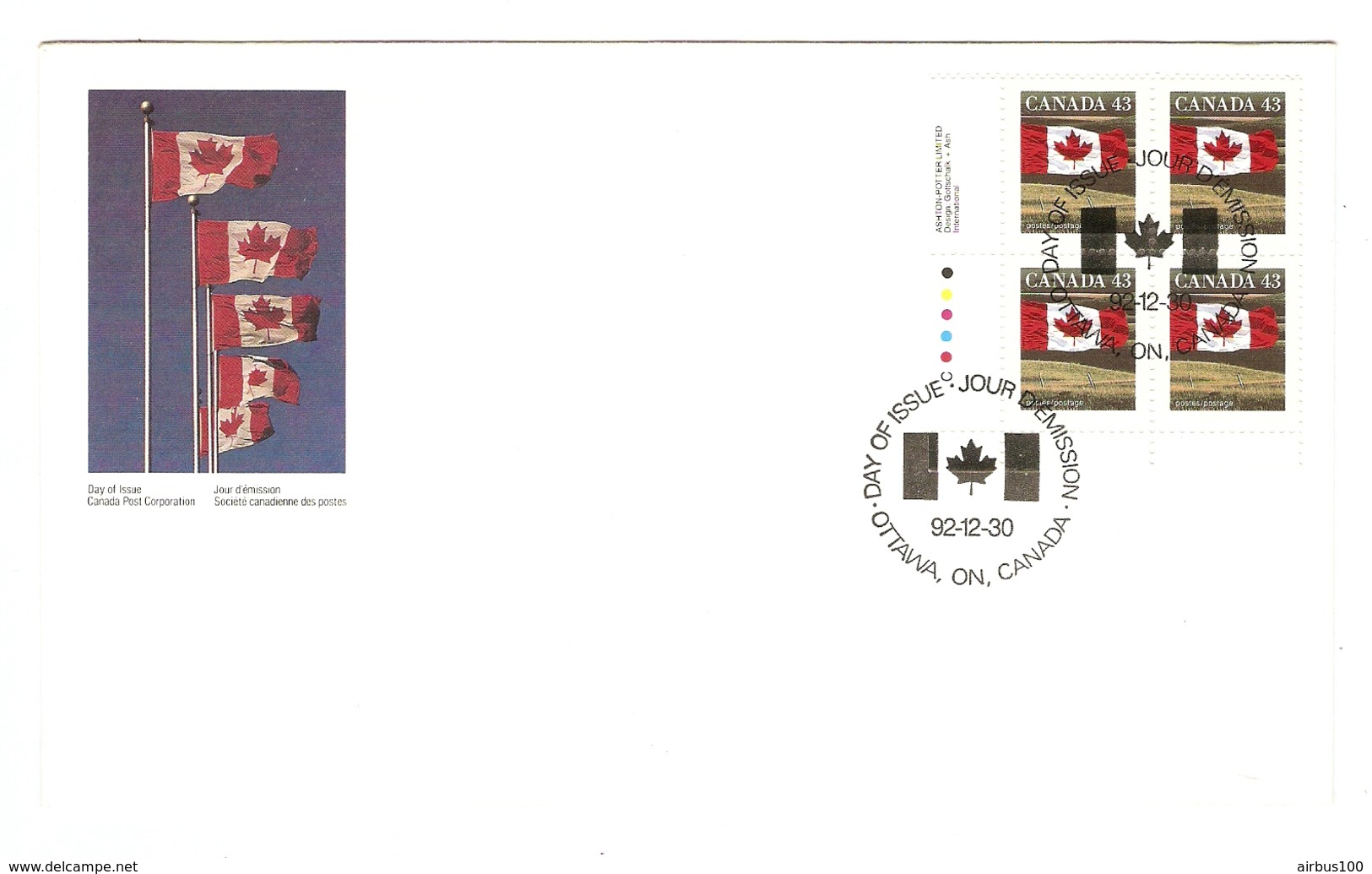 CANADA FDC OTTAWA 92-12-30 BLOC DE 4 Ex DRAPEAU NATIONAL DU CANADA - 2 Scans - 1991-2000