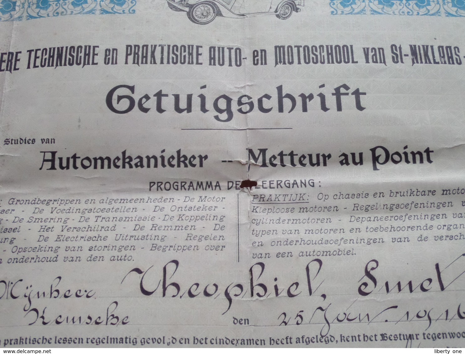 GETUIGSCHRIFT Automekanieker / Metteur Au Point - St. NIKLAAS Anno 1936 ( SMET Theophiel KEMSEKE ) ! - Voitures