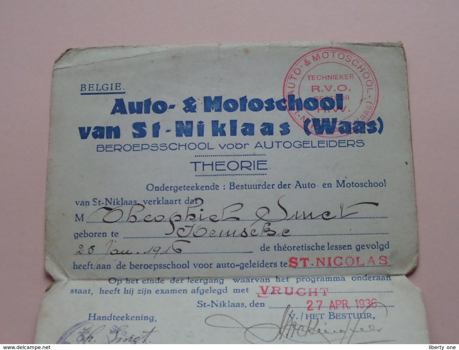 Bekwaamheidsgetuigschrift AUTO- & MOTOSCHOOL - St. NIKLAAS Anno 1936 ( SMET Theophiel KEMSEKE ) ! - Voitures