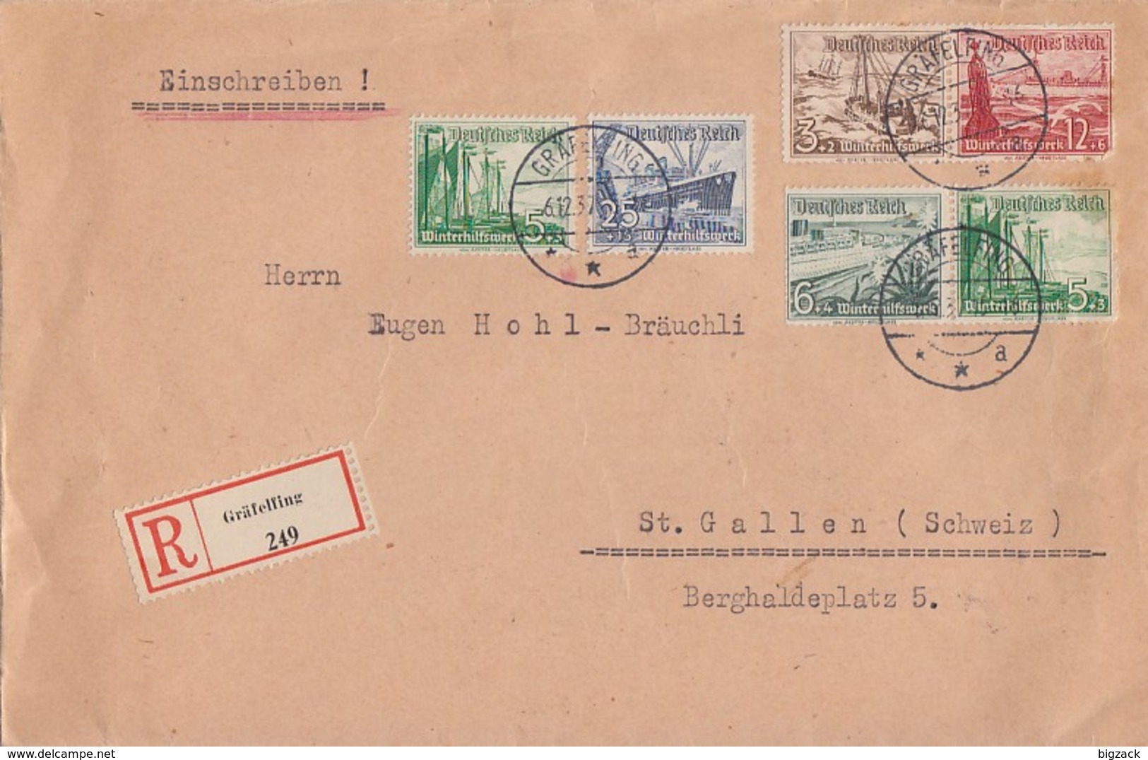 DR R-Brief Mif Minr.653,658 Zdr. Minr.W131,W123 Gräfelfing 6.12.37 Gel. In Schweiz - Briefe U. Dokumente