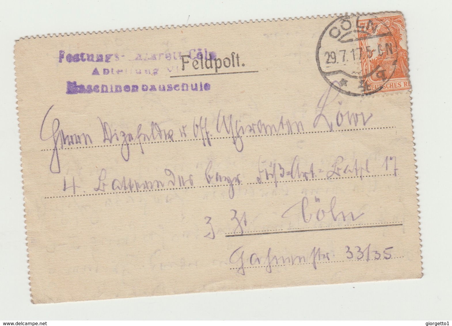 FELDPOST - POSTA MILITARE TEDESCA VIAGGIATA 1917 VERSO COLONIA - GERMAN MILITARY POST - 1914-18