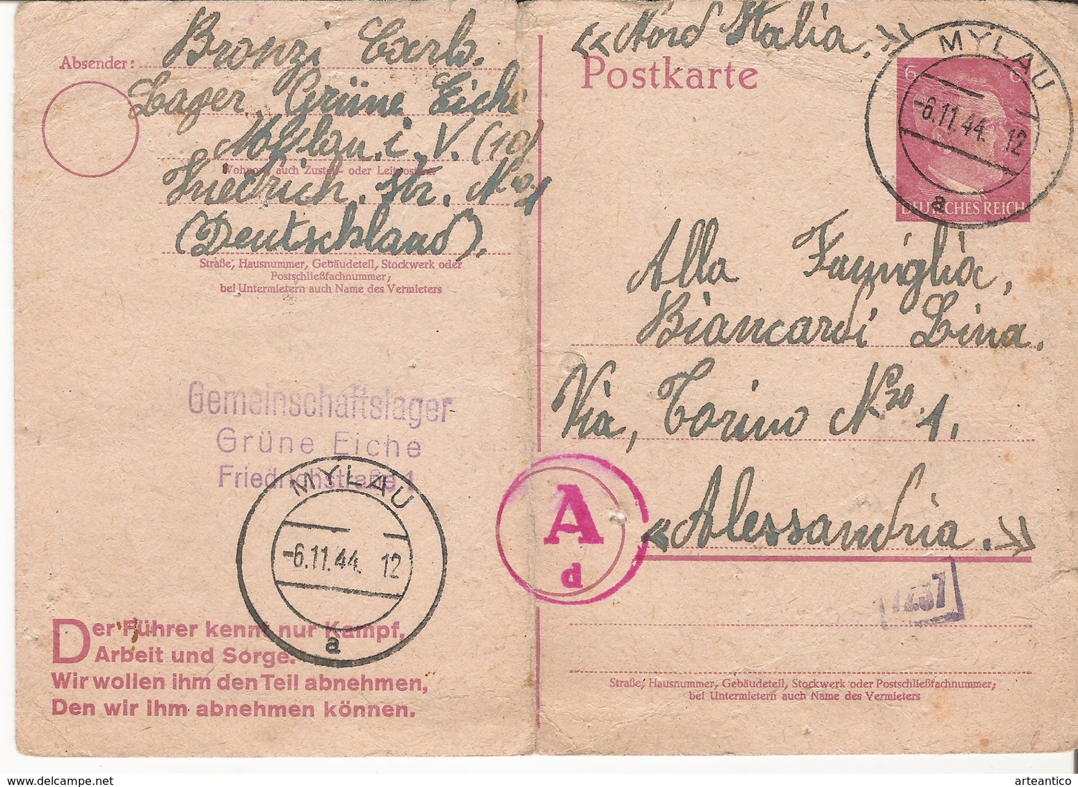 Asta Senza Riserva - Lettera Su Cartolina Postale Di Un Prigioniero Del Lager Nazista Di Mylau - 1944 - Guerra 1939-45