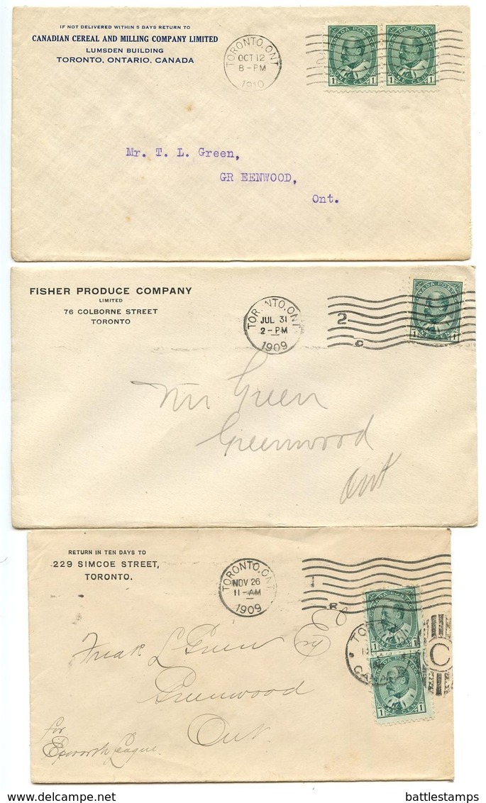 Canada 1909-1910 3 Covers Toronto, Ontario To Greenwood, Ontario W/ Scott 89 KEVII - Brieven En Documenten