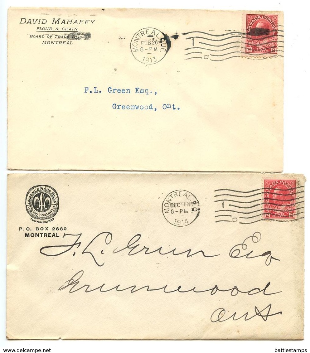 Canada 1913-1914 2 Covers Montreal To Greenwood, Ontario W/ Scott 106 KGV - Covers & Documents