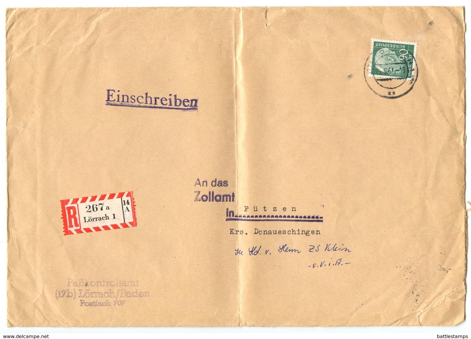 Germany 1961 Registered Cover Lörrach To Fützen, Scott 718 90pf Theodor Heuss - Lettres & Documents