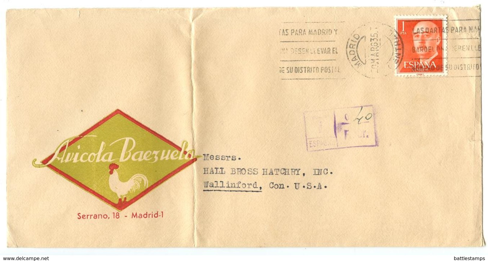 Spain 1963 Advertising Cover Madrid, Avicola Baezuela, Chickens To Wallingford CT - Lettres & Documents