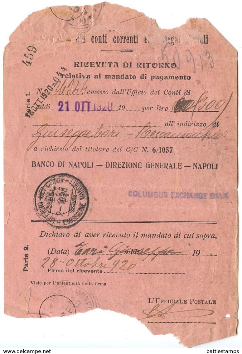 Italy 1920 Wrapper Naples - Ufficio Del Conti, Emissione Mandati W/ Scott 100 - Marcophilia