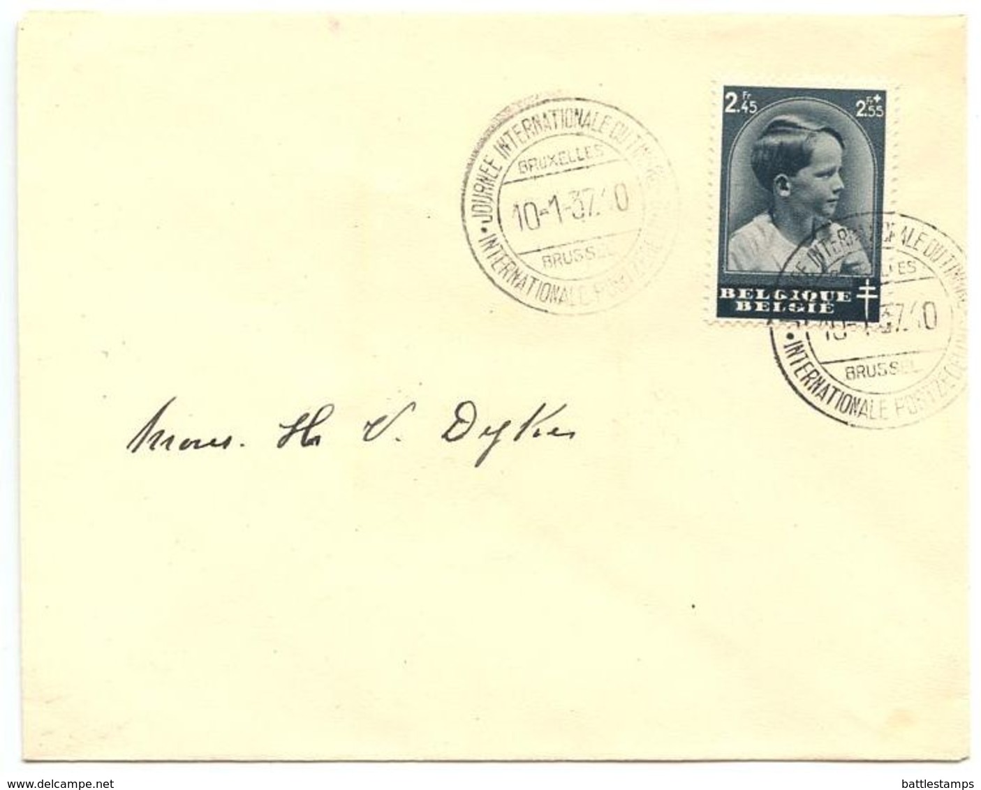 Belgium 1937 FDC Scott B188 Prince Baudouin, International Stamp Day - ....-1951