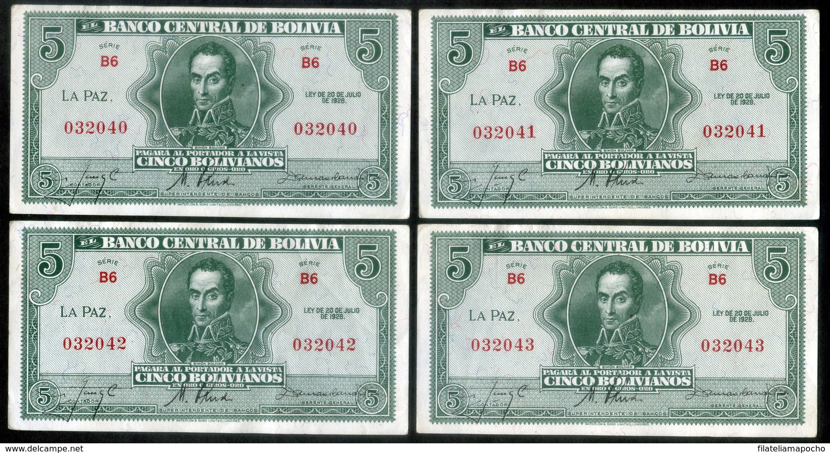 BOLIVIA BILLETES; 1928 - 5 BOLIVIANO “EMISIÓN BOLÍVAR CENTRO”. - Bolivia