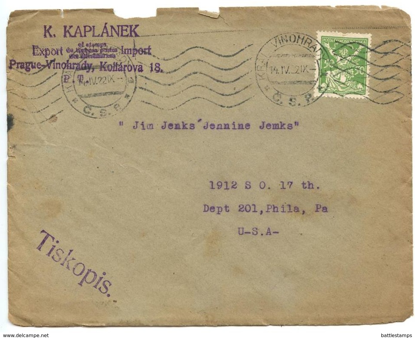 Czechoslovakia 1922 Cover W/ Philatelic Price Lists, Kral. Vinohrady To Philadelphia PA - Covers & Documents