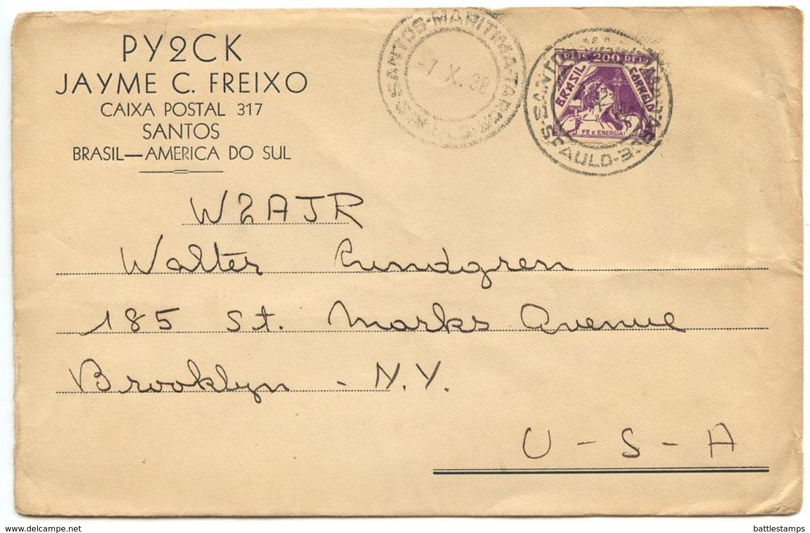 Brazil 1938 QSL Cover Santos - PY2CK To Brooklyn NY - W2AJR - Covers & Documents