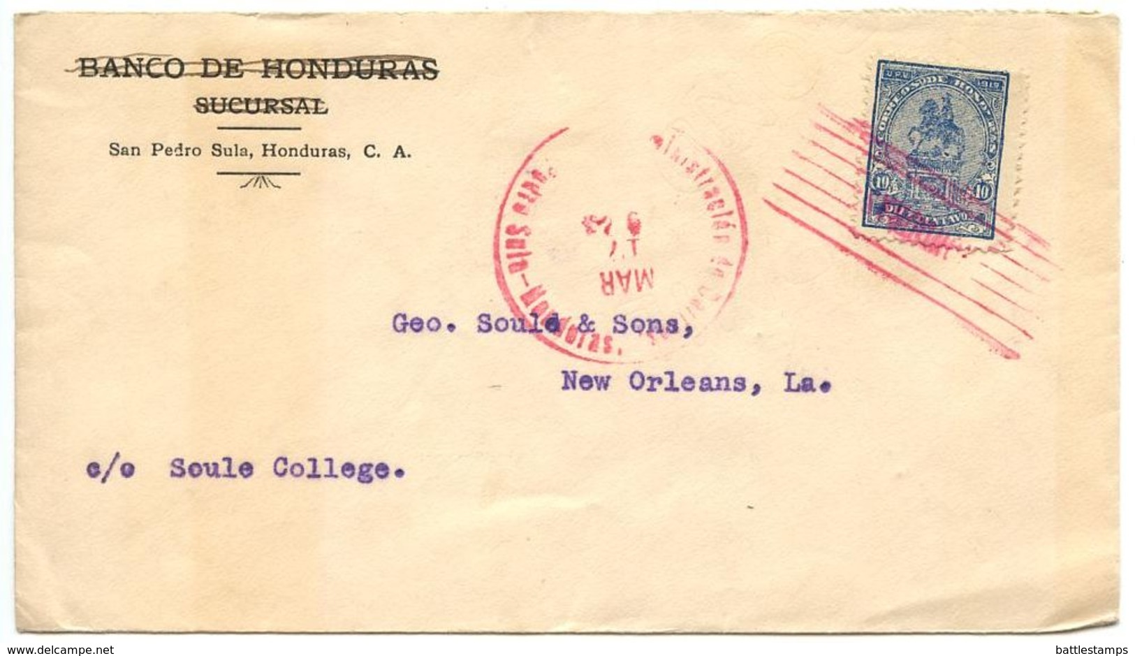 Honduras 1920‘s Cover San Pedro To New Orleans LA W/ Scott 188 - Honduras