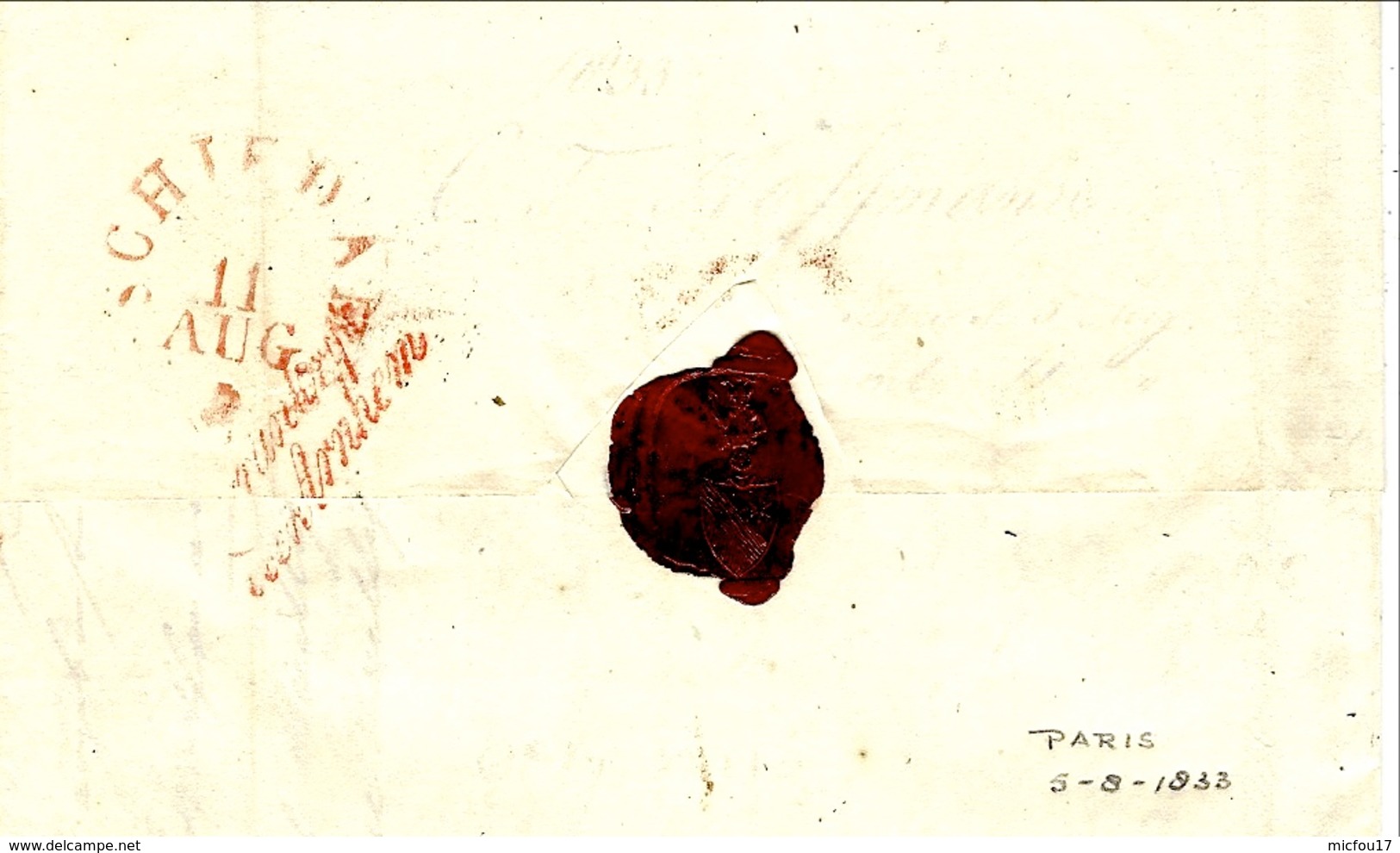 1833- Letter From Paris To Schiedam - C.F.3.R. Red + Taxe 55 C. -back, Arrival  + " Frankryk / Over Arnheim - ...-1852 Voorlopers