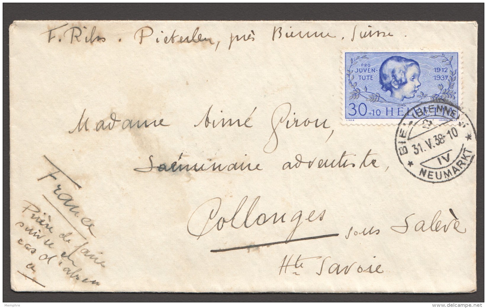 1938   25 Ans Pro Juventute 30Rp  Zum 84 Sur Lettre Pour La France - Briefe U. Dokumente