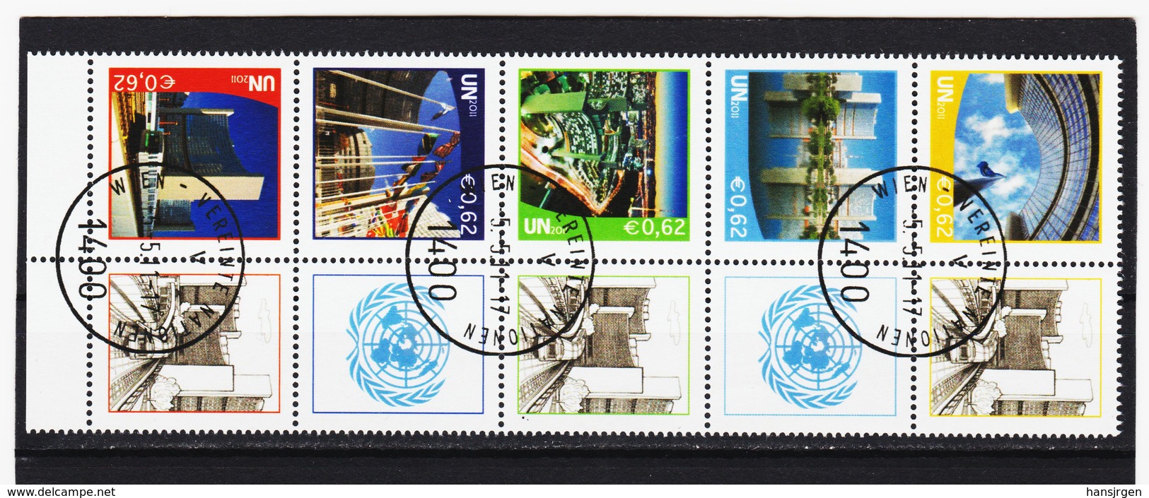 CTP13 UNO WIEN 2011 GRUSSMARKEN MICHL 719/23 UNO CITY WIEN FÜNFERSTREIFEN Mit ZIERFELDER Gestempelt Siehe ABBILBUNG - Used Stamps