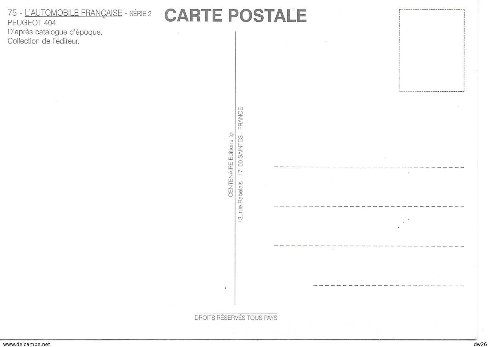 L'automobile Française, Série 2 - Peugeot 404, D'après Catalogue D'époque - Carte Non Circulée - Voitures De Tourisme