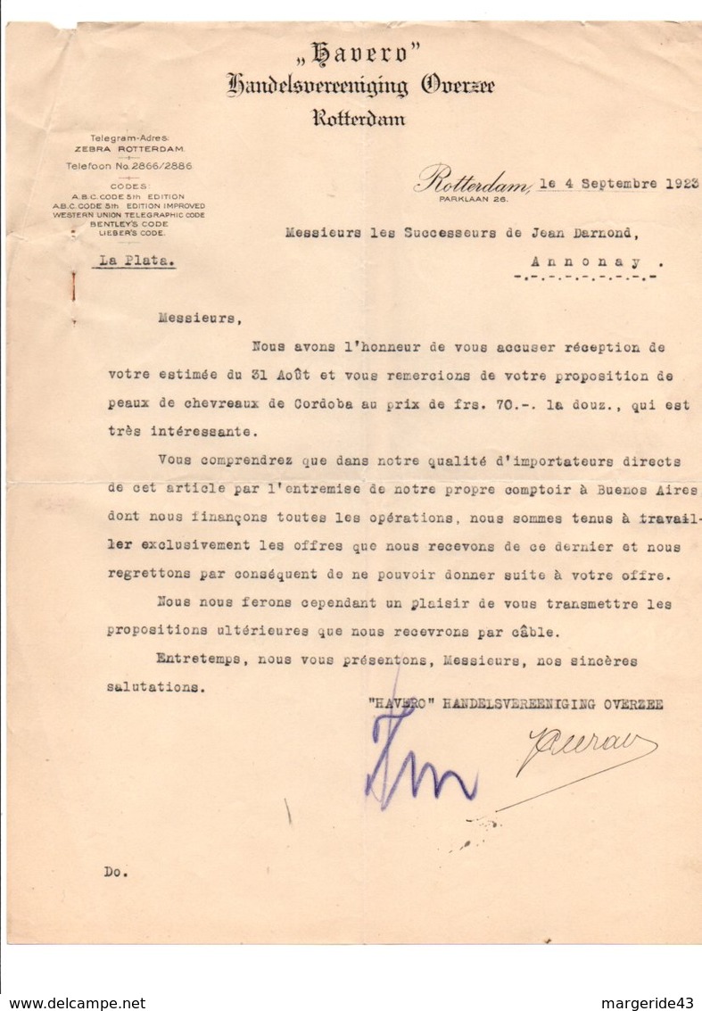 PAYS BAS COURRIER POUR ANNONAY (FRANCE) DE BAUERO à ROTTERDAM 1923 - Pays-Bas