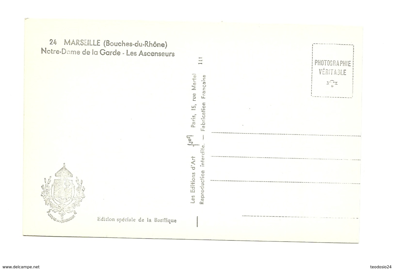 POSTAL MARSEILLE BASILIQUE N.D. DE LA GARDE AÑOS 50 - Sin Clasificación