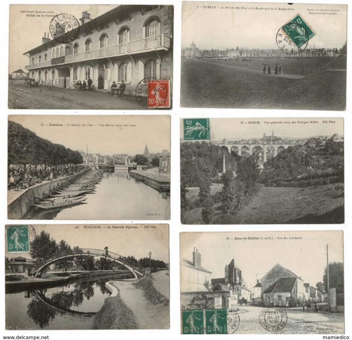 42 CP Lot N°58 dont trains: gares de RICHELIEU-MANDUEL-GASNY+LOCOS+Marché à SAVENAY+ CHOIX DIVERS