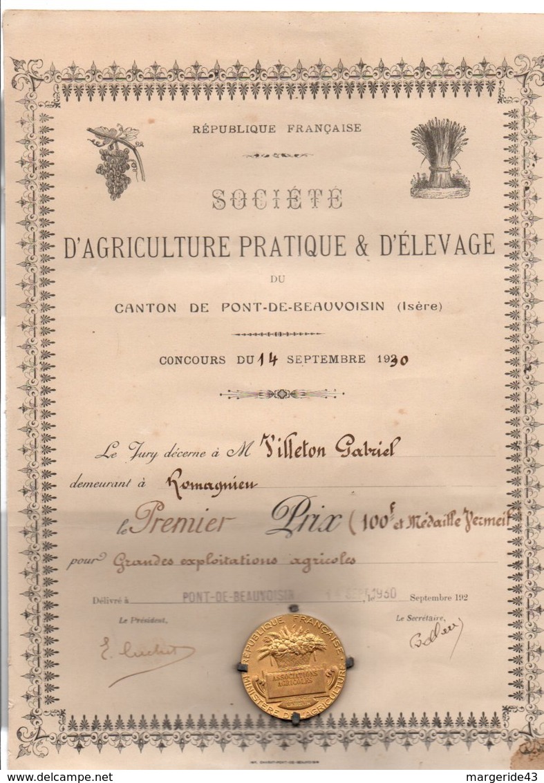 PREMIER PRIX (ET SA MEDAILLE) STé D'AGRICULTURE PRATIQUE ET D'ELEVAGE DU CANTON DE PONT DE BEAUVOISIN ISERE 14 SEPTEMBRE - Diplômes & Bulletins Scolaires