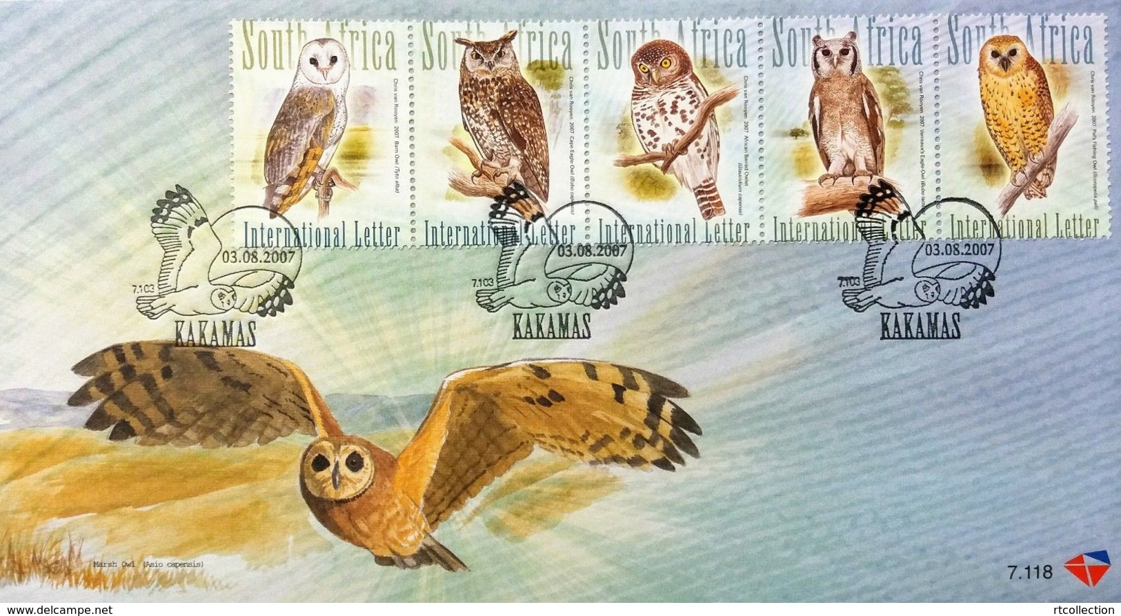South Africa 2007 First Day Cover FDC Birds Strip Owls Animals Bird Owl Nature Date 3/8/2007 Stamps - Owls