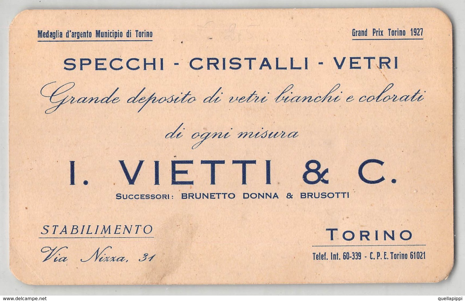 07996 "I. VIETTI & C. - DEPOSITO VETRI BIANCHI E COLORATI - TORINO" CART. DA VISITA ORIG. 1931 - Cartoncini Da Visita