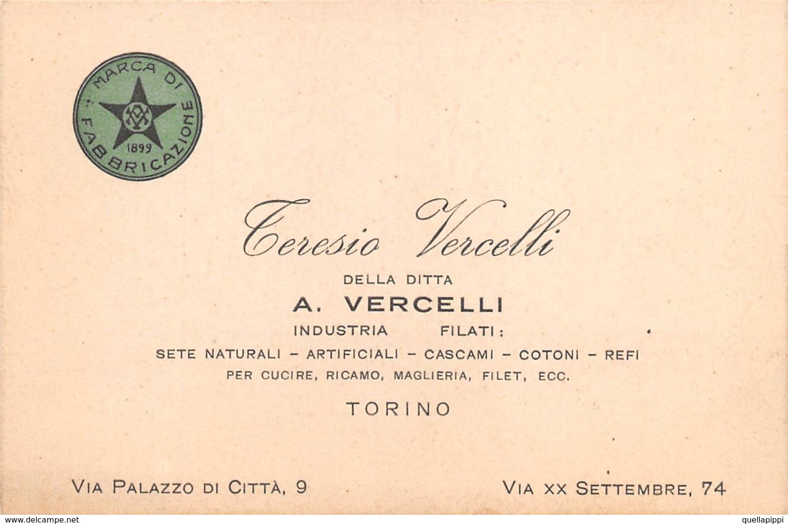 08002 "TERESIO VERCELLI DELLA DITTA A. VERCELLI - INDUSTRIA FILATI - TORINO" CART. DA VISITA ORIG. 1930 CIRCA - Cartoncini Da Visita