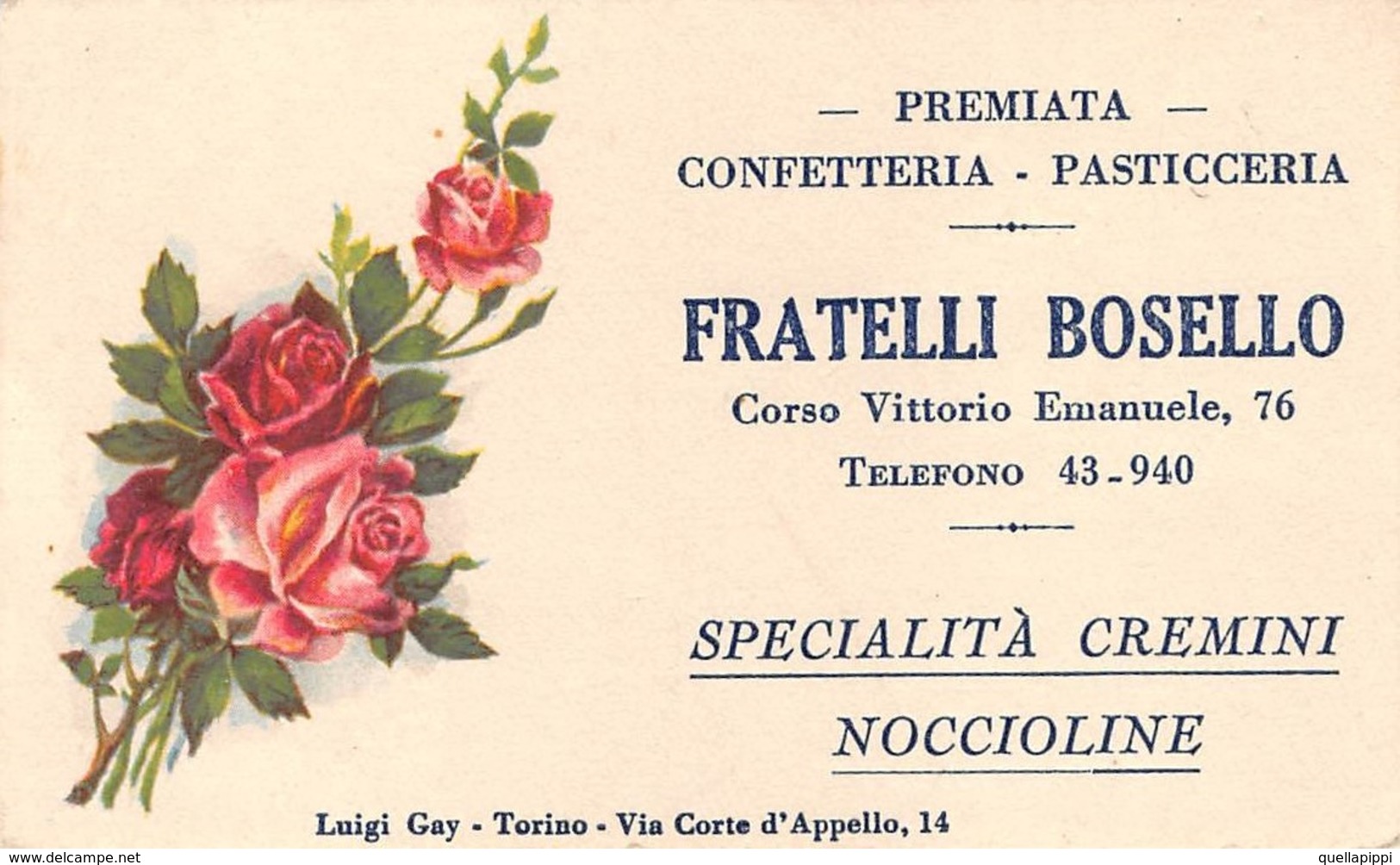 08005 "FRATELLI BOSELLO - CONFETTERIA-PASTICCERIA - TORINO" CART. DA VISITA ORIG. 1940 CIRCA - Cartoncini Da Visita