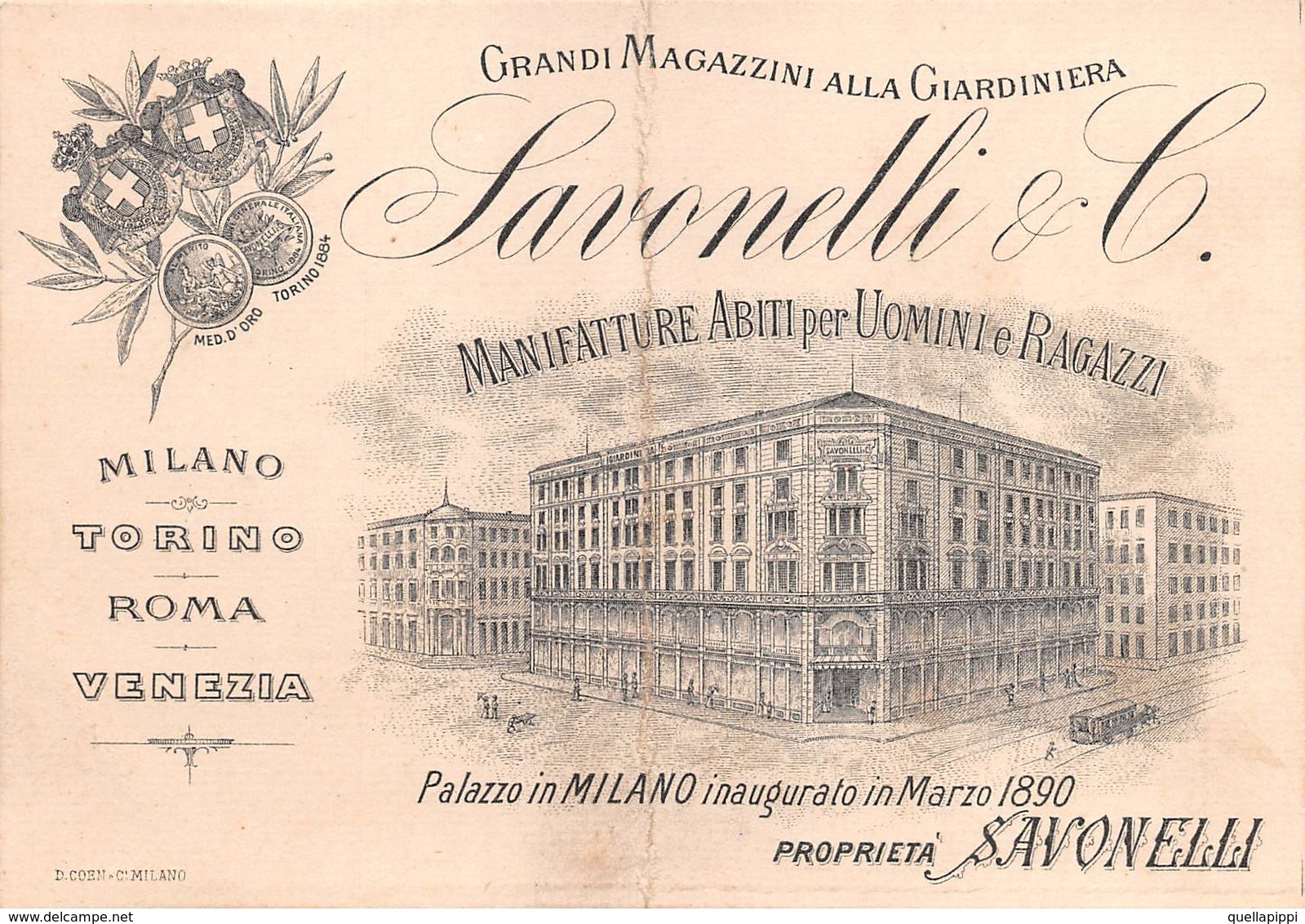 08006 "SAVONELLI & C. - MANIFATTURA ABITI PER UOMINI E RAGAZZI -MI-TO-RM-VE" CART. DA VISITA ORIG. 1890 - Cartoncini Da Visita