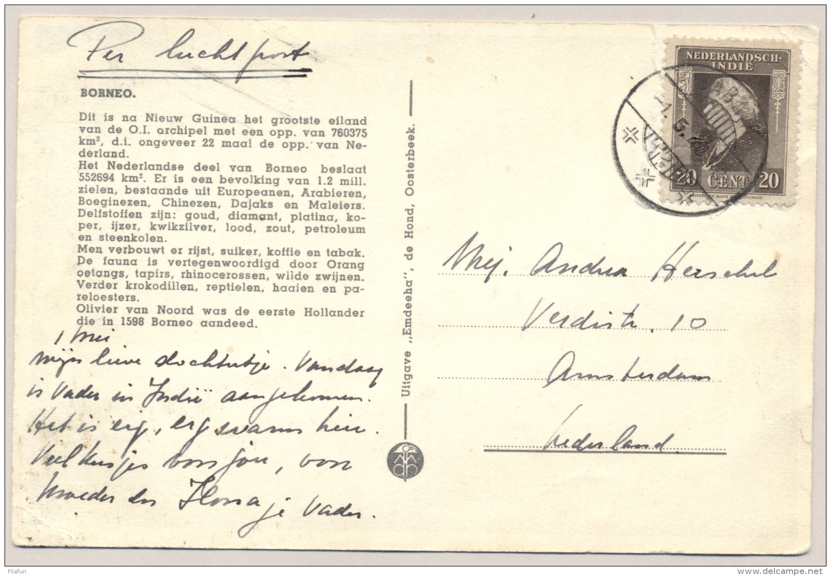 Nederlands Indië - 1948 - 20 Cent Wilhelmina Op LP-Postcard Borneo Van LB SABANG/2 Naar Amsterdam / Nederland - Nederlands-Indië