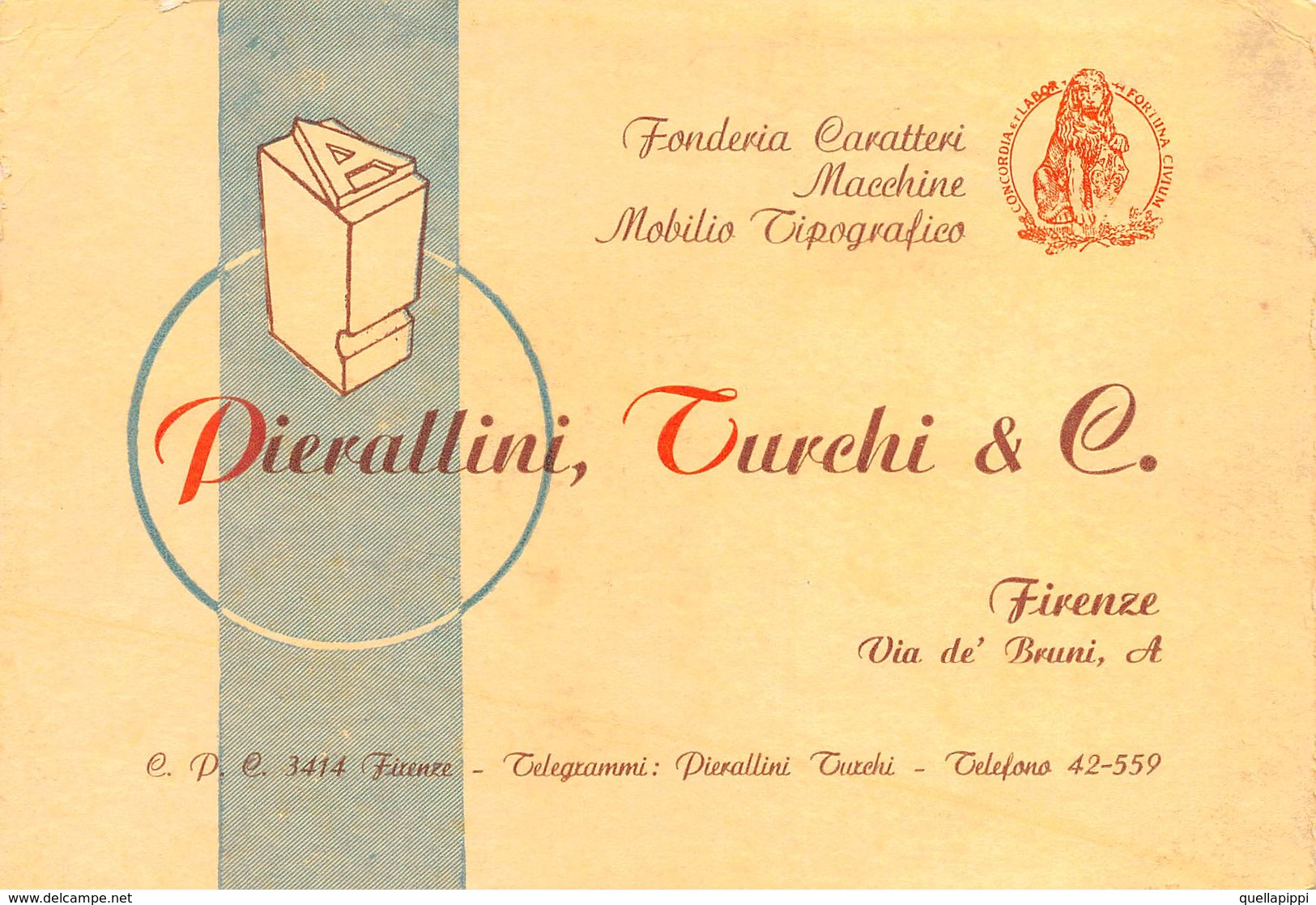 08009 "PIERALLINI TURCHI & C. - FONDERIA CARATTERI -MOBILIO TIPOGRAFICO - FIRENZE" CART. DA VISISTA ORIG. 1950 CIRCA - Cartoncini Da Visita