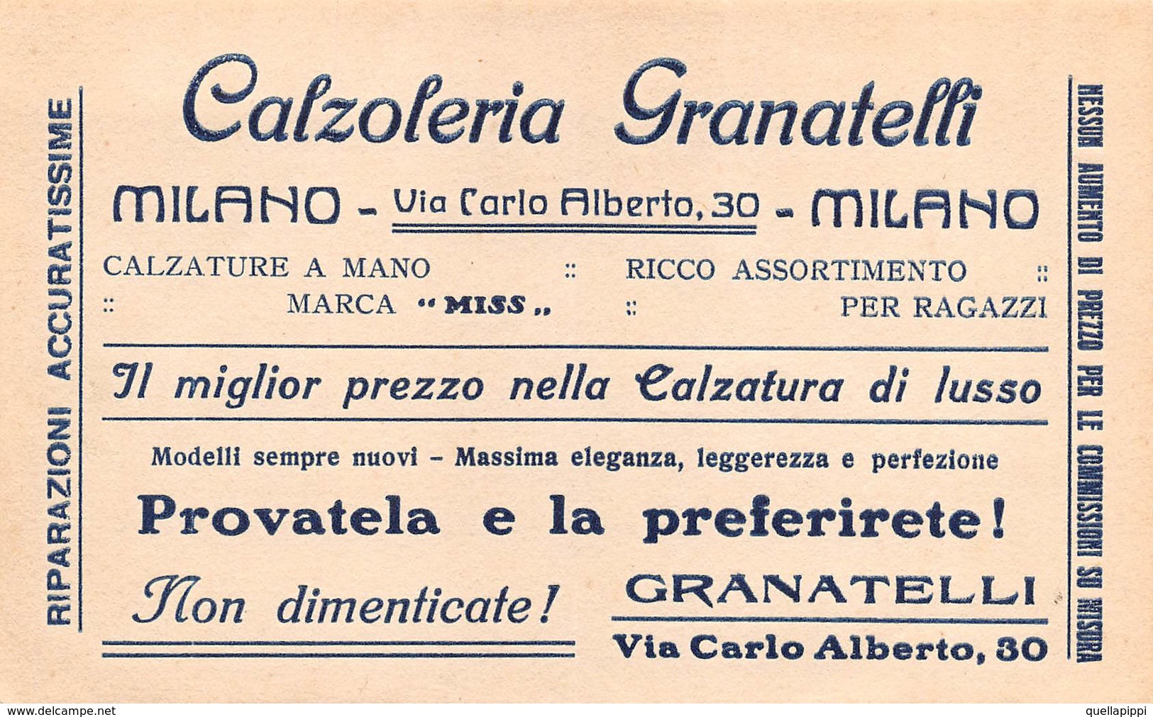 08010 "CALZOLERIA GRANATELLI -CALZATURE A MANIO MARCA MISS - MILANO" CART. DA VISISTA ORIG. 1930 CIRCA - Cartoncini Da Visita