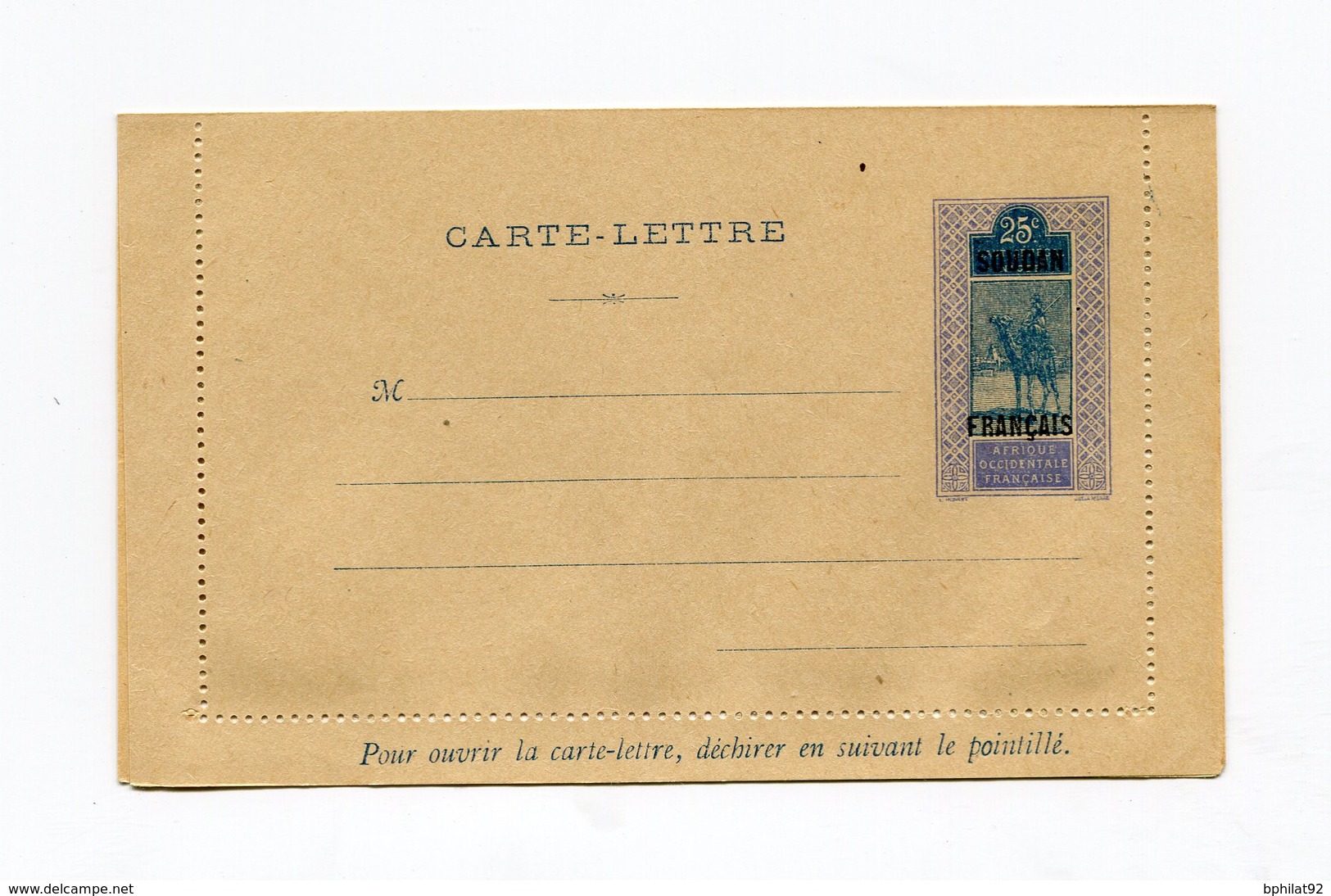 !!! PRIX FIXE : SOUDAN, ENTIER POSTAL CARTE LETTRE CL7 NEUF. BORDS COLLES - Briefe U. Dokumente