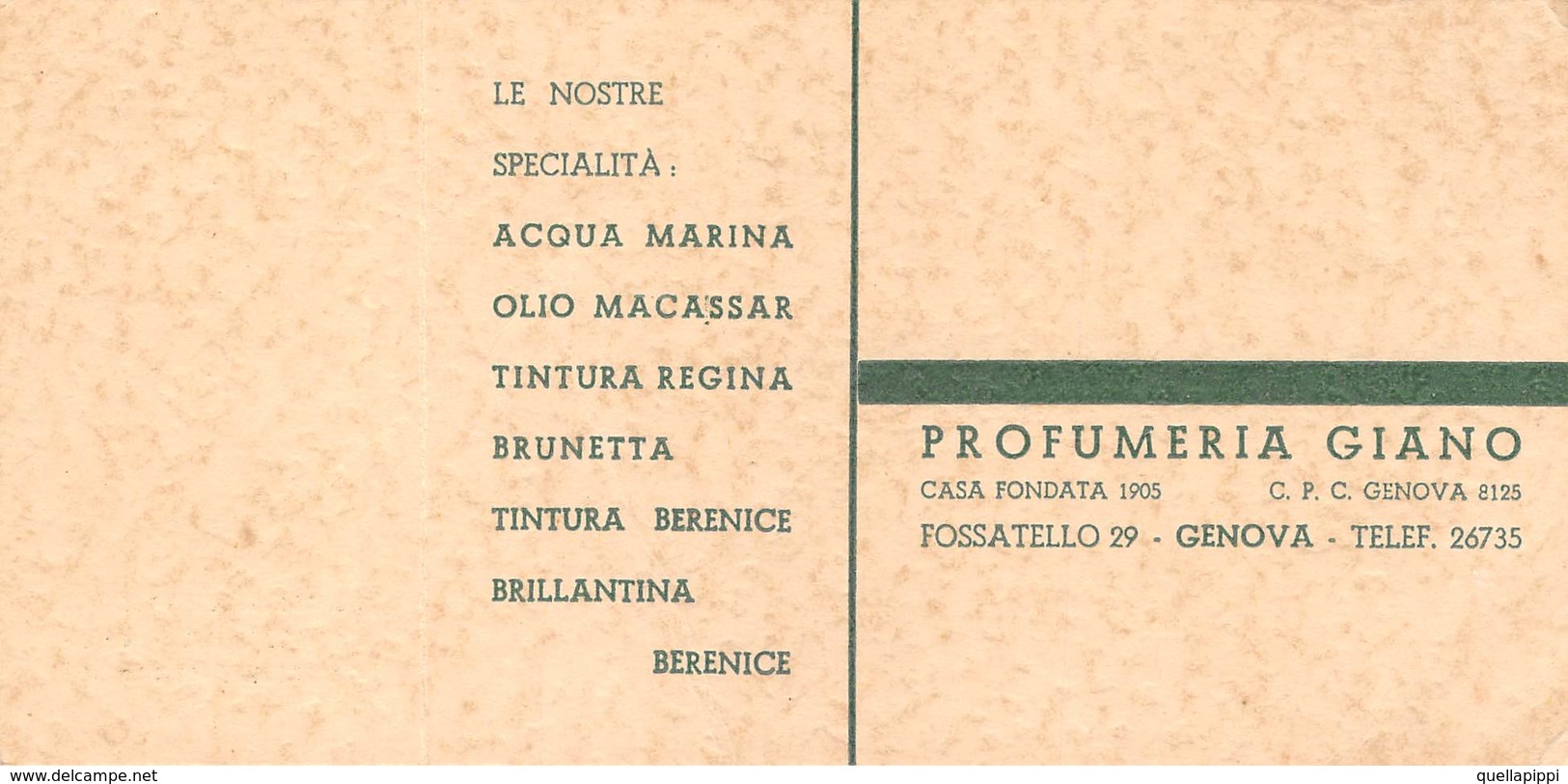 08012 "PROFUMERIA GIANO FONDATA 1905 - GENOVA" CART. DA VISISTA ORIG. 1950 CIRCA - Cartoncini Da Visita