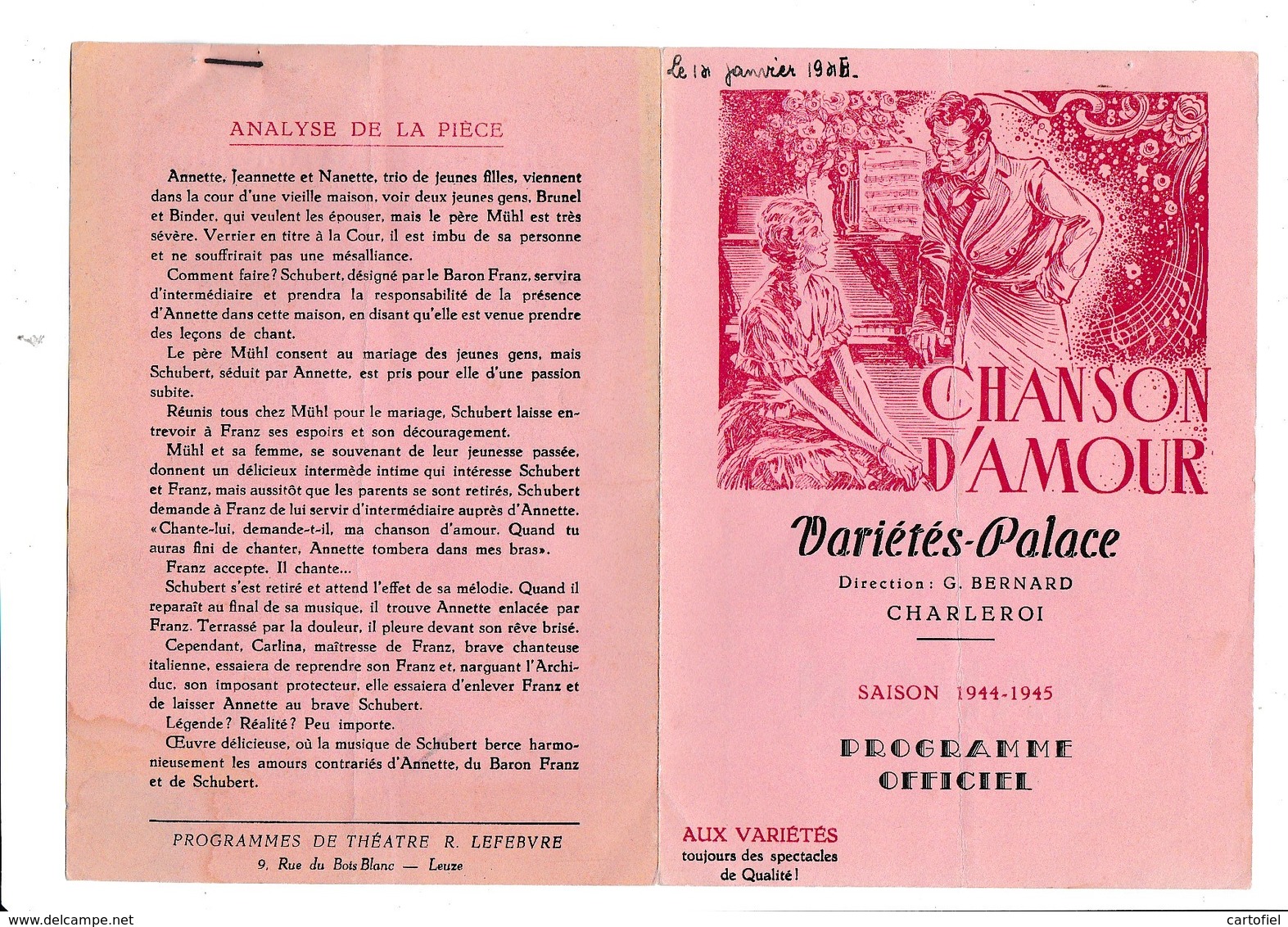 PROGRAMME-OFFICIEL-VARIETES-PALACE-CHARLEROI-DEPLIANT-OPERETTE-OPERA-BALLET-1944-CHANSON D'AMOUR-VOYEZ LES 2 SCANS - Programmes