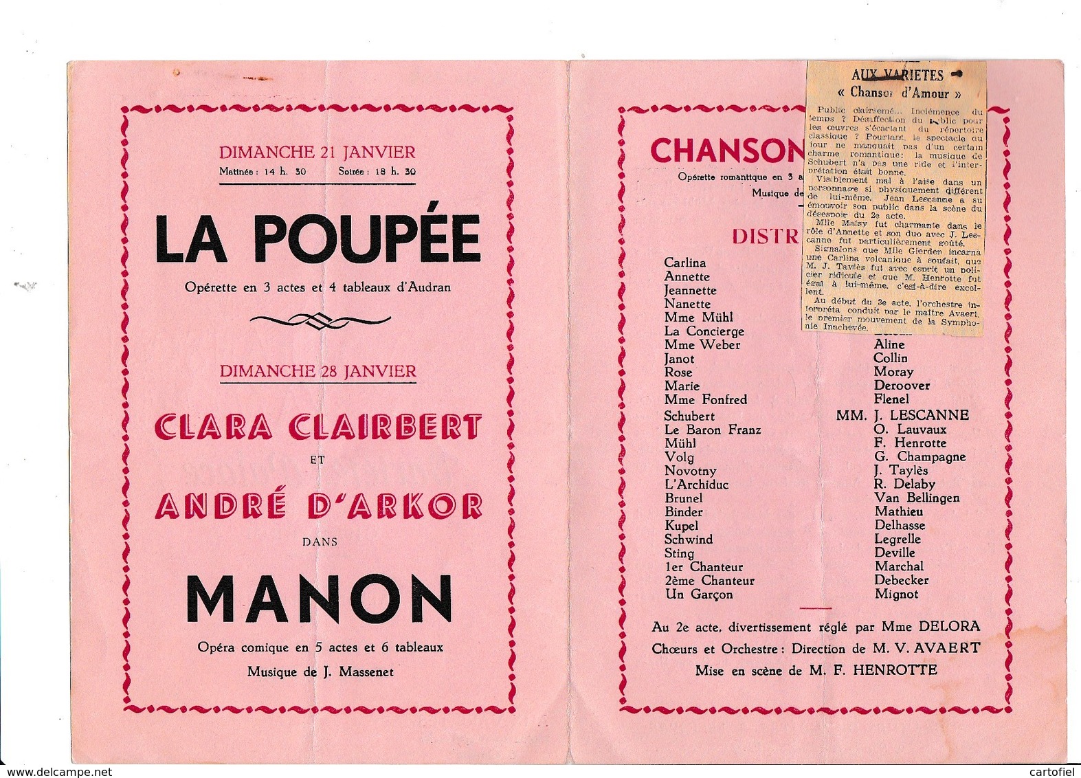 PROGRAMME-OFFICIEL-VARIETES-PALACE-CHARLEROI-DEPLIANT-OPERETTE-OPERA-BALLET-1944-CHANSON D'AMOUR-VOYEZ LES 2 SCANS - Programmes