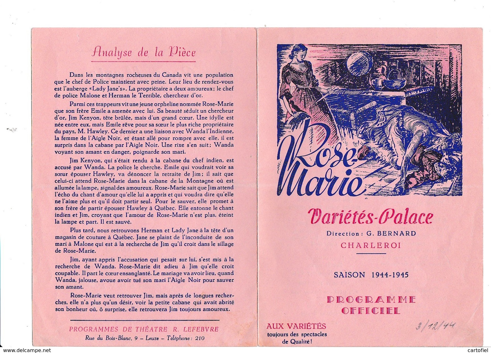 PROGRAMME-OFFICIEL-VARIETES-PALACE-CHARLEROI-DEPLIANT-OPERETTE-OPERA-BALLET-1944-ROSE-MARIE-VOYEZ LES 2 SCANS - Programs