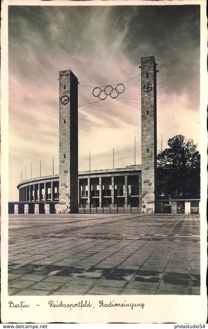 1936, Reichssportfeld, Stdioneingang, Glockenturm - AK Gelaufen 1940 - Estate 1936: Berlino