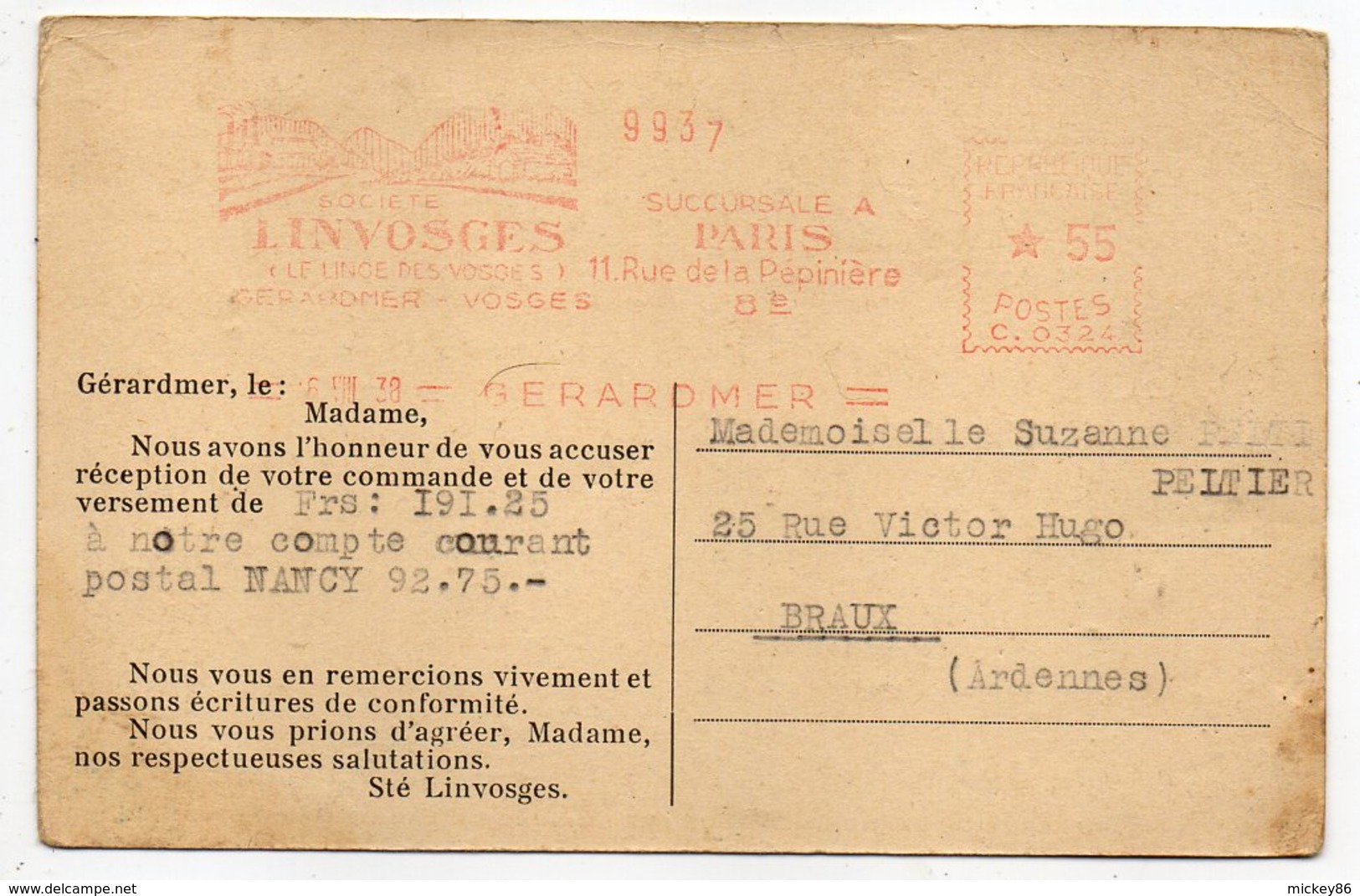 EMA  GERARDMER - 88 --1938--Sté LINVOSGES --succursale De Paris 8°--sur CPA  Publicitaire LINVOSGES - EMA (Empreintes Machines à Affranchir)