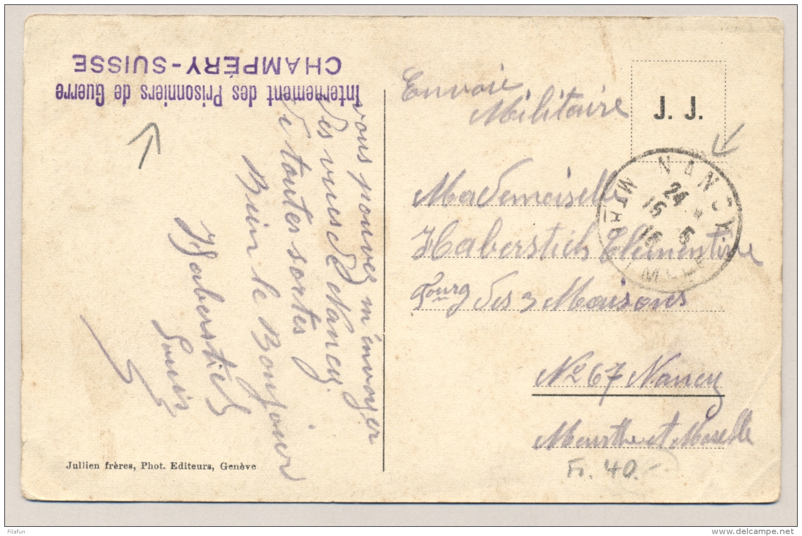 Schweiz - 1916 - POW-postcard From CHAMPERY To Nancy / France - Documenten