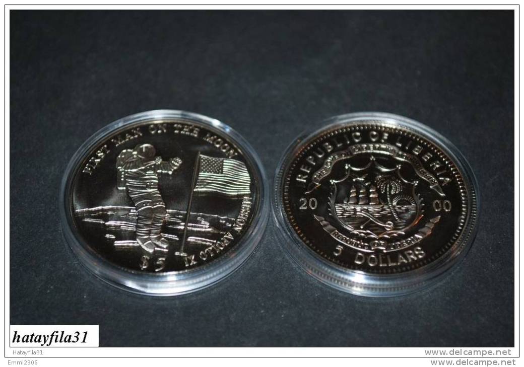 LIBERIA 2000 Neusilber 5 Dollars - 1. Mensch Auf Dem Mond / FIRST MAN ON THE MOON - Liberia