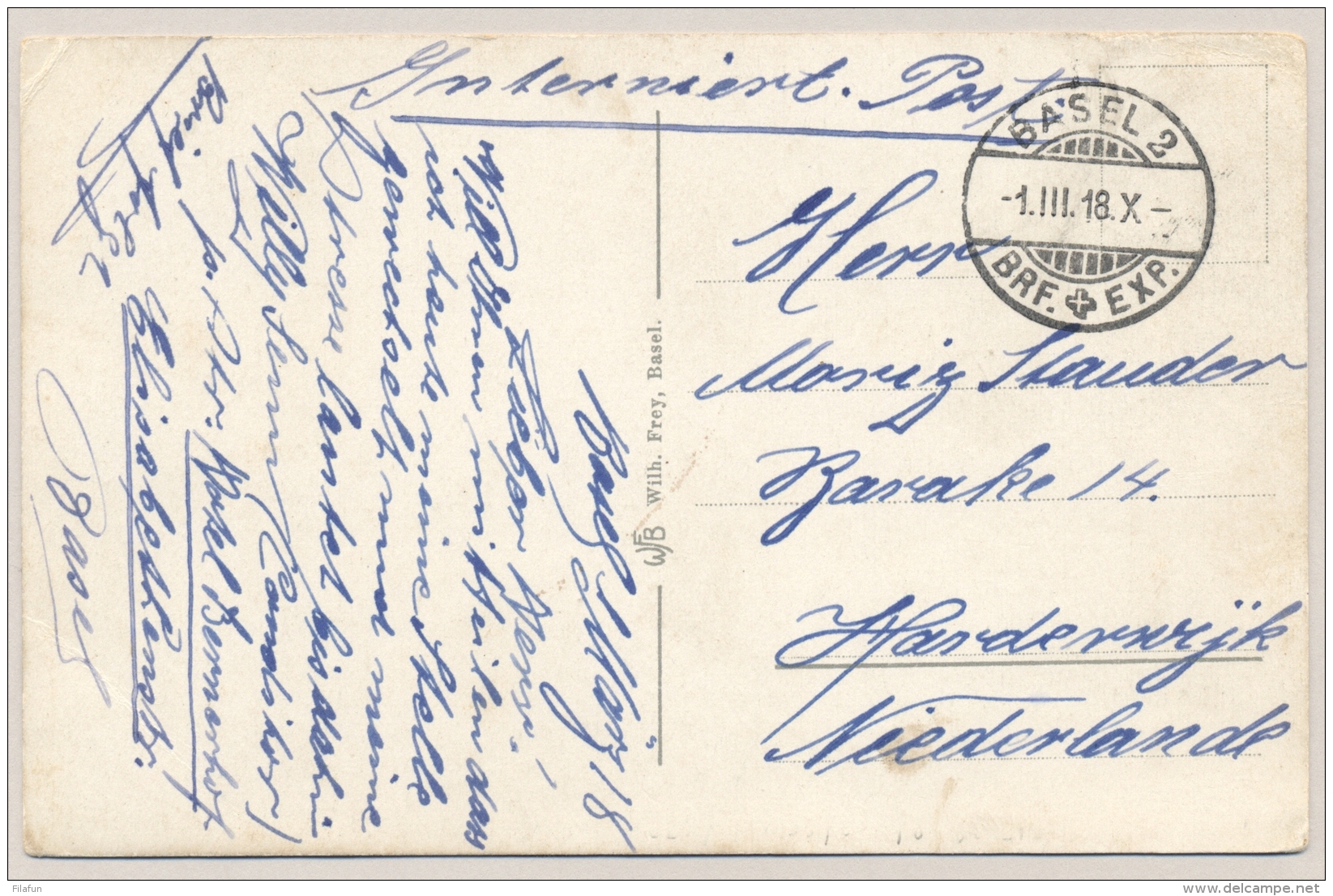 Schweiz - 1918 - POW-postcard From BASEL 2 To Barak 14 Kamp HARDERWIJK / Nederland - Documenten