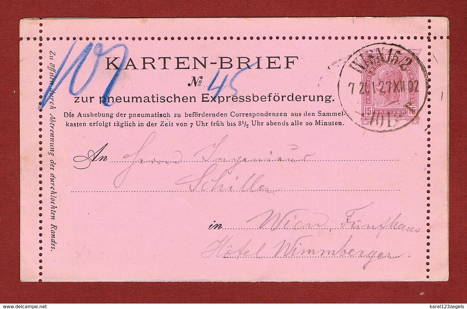 Rohrpost Pneumatic Kartenbrief 1902 Wien 101 - Telegraphenmarken