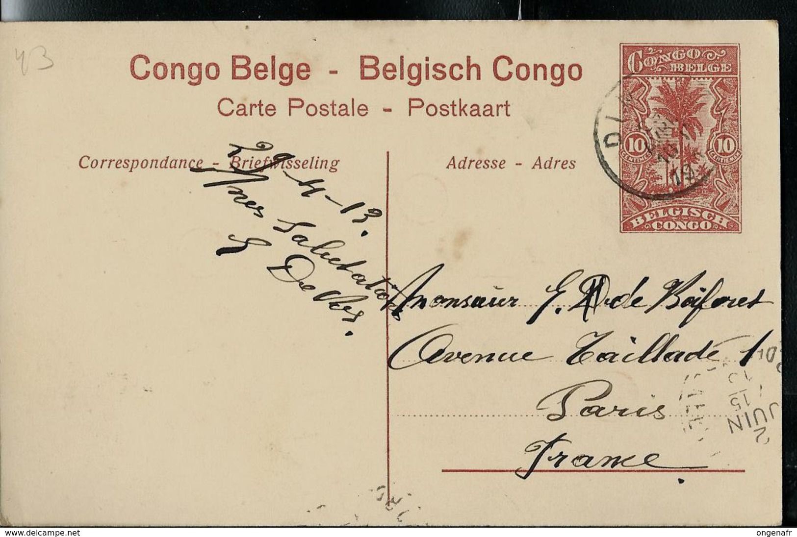 Carte Obl. N° 43 Vue 39  Stanley-Falls: In Village   Obl. Dima  29/04/1913  Pour Paris - Entiers Postaux