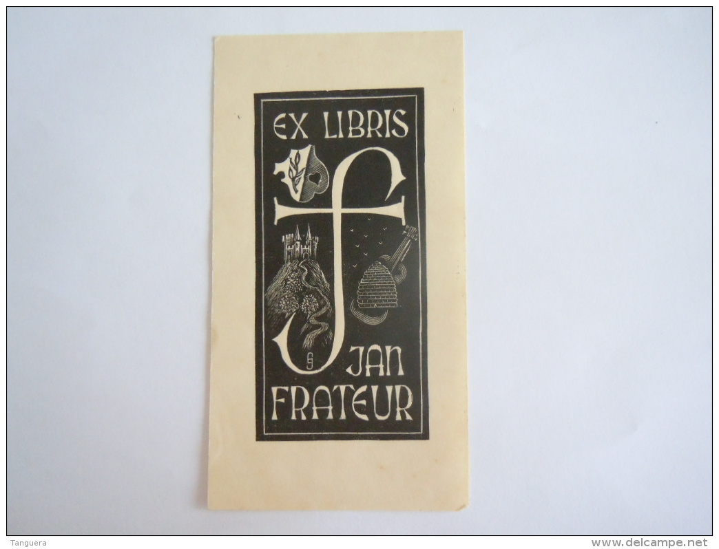 Ex-Libris België Jan Frateur Wapenschild Armoiries Abeille Bijenkorf Kasteel Chateau Form 6,4 X 12 Cm Getekend Signé GJ - Ex-libris