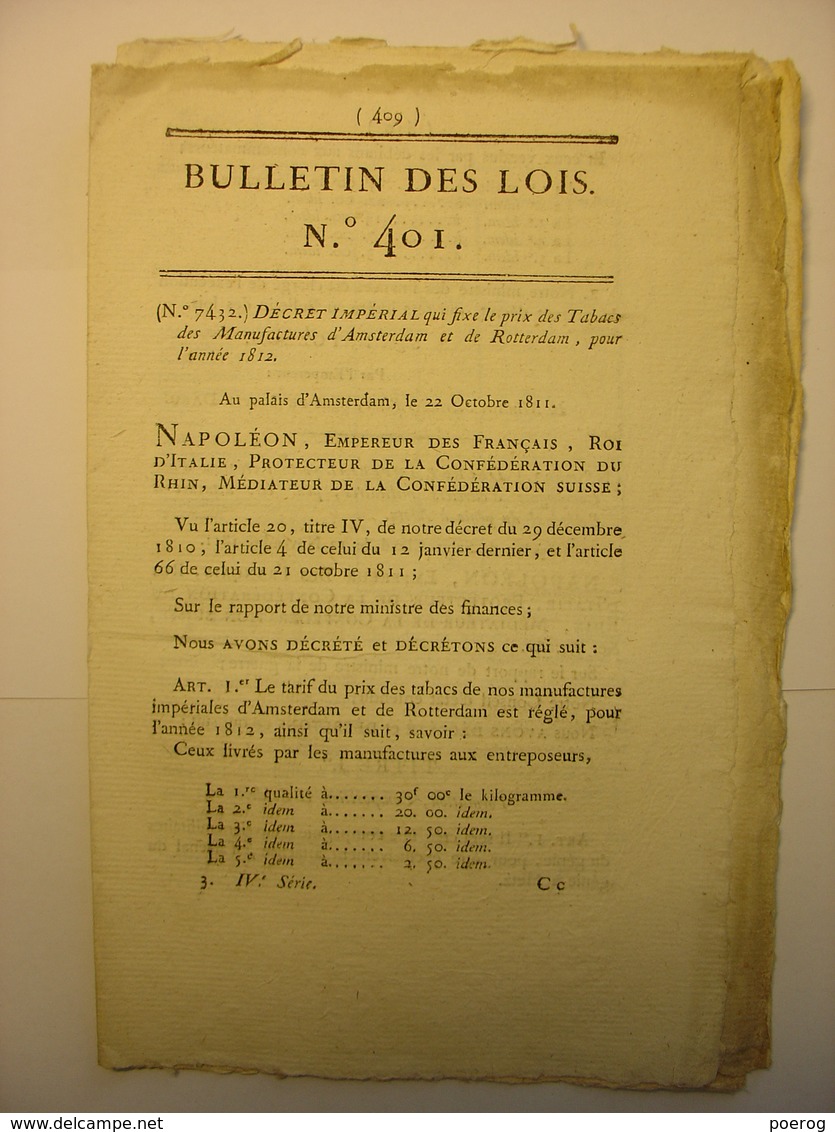 BULLETIN DES LOIS DE 1811 - TABAC HOLLANDE AMSTERDAM ROTTERDAM - OUVRIERS MILITAIRES METZ - LIPPE ALLEMAGNE - Decrees & Laws